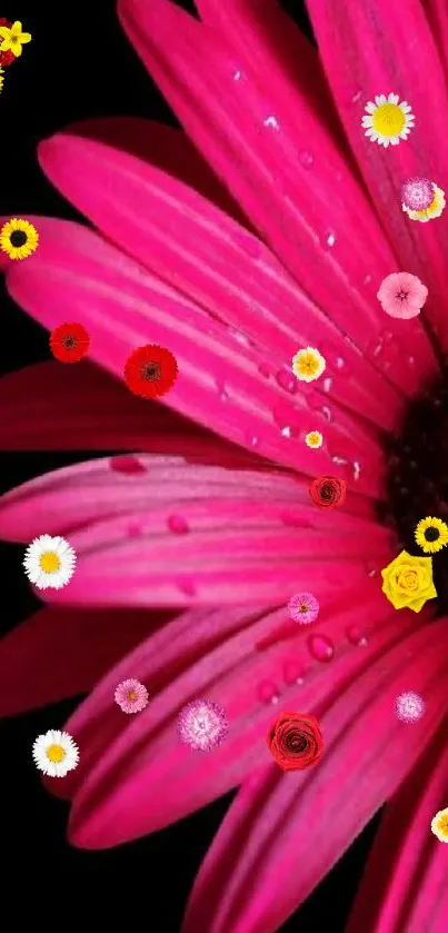 Close-up of a vibrant pink daisy flower with dewdrops on petals.