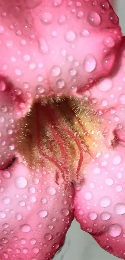 Close-up of a pink flower with dewdrops on its petals.