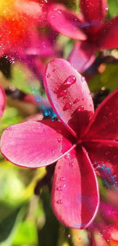 Close-up of a vibrant pink flower with dewdrops on its petals.