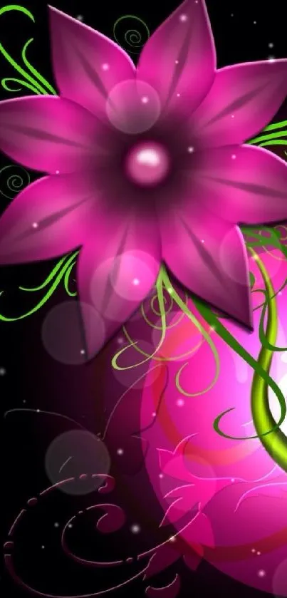 Vibrant pink flower with green swirls on a dark background.