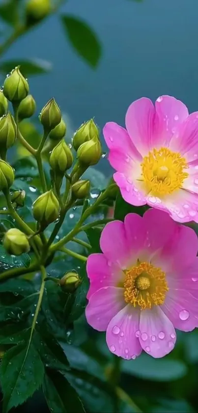 Pink flowers with dewy petals and green buds.