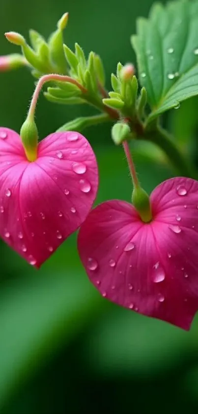 Pink flower with dewdrops on heart-shaped petals against a green background.