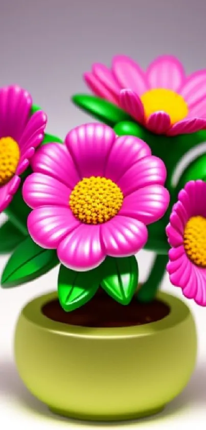 Vibrant pink flowers in a green pot with lush leaves, perfect phone wallpaper.