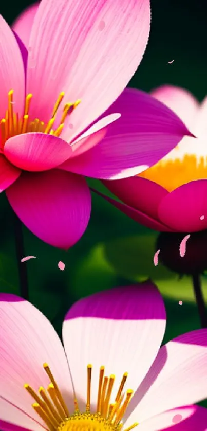 Vibrant pink flowers with yellow centers and green leaves.