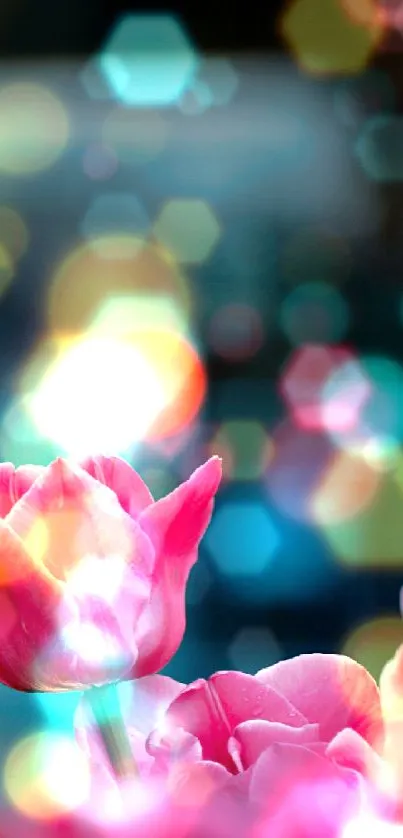 Close-up of vibrant pink tulip with blurry urban background.