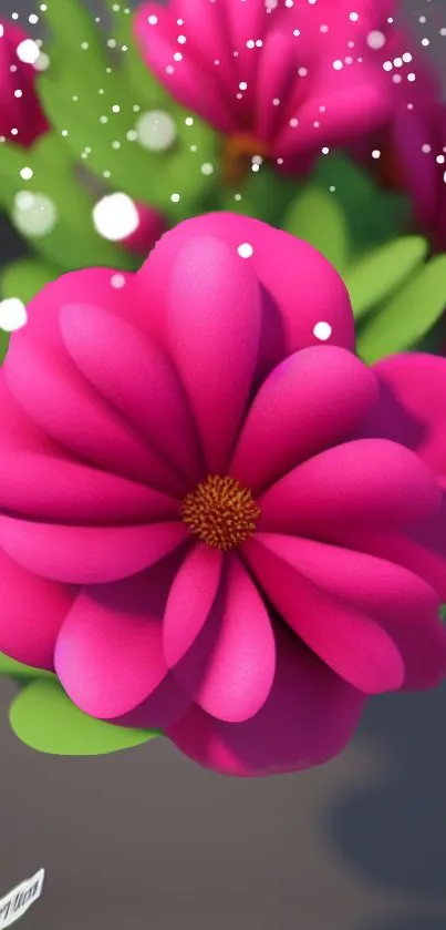 Vibrant pink flower with green leaves and bokeh effect, perfect for phone wallpaper.