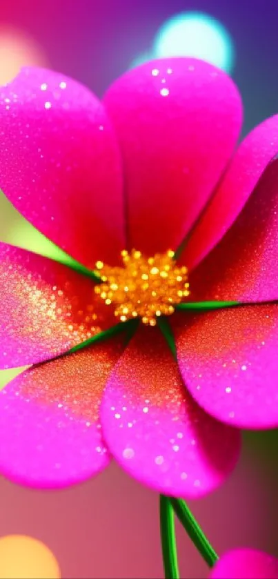 Vibrant pink flower with sparkling petals on a gradient background.