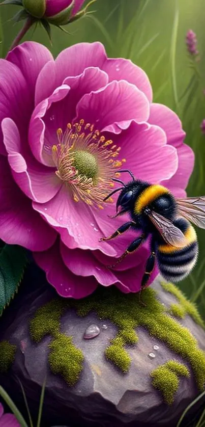 Beautiful pink flower with bee close-up, vibrant and natural.