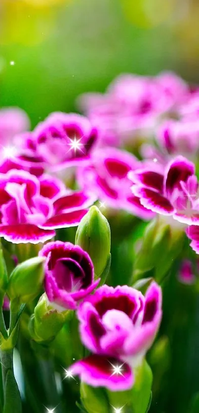 Vibrant pink flowers with lush green background.