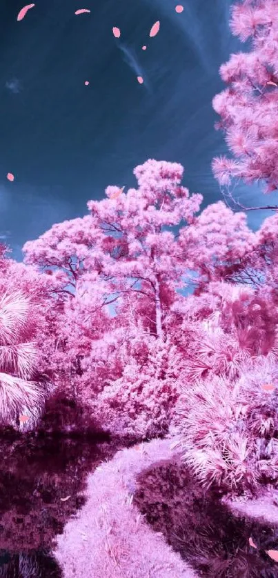 Vibrant pink forest with surreal path and trees.