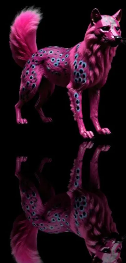 Vibrant pink fox with artistic design on a black background.