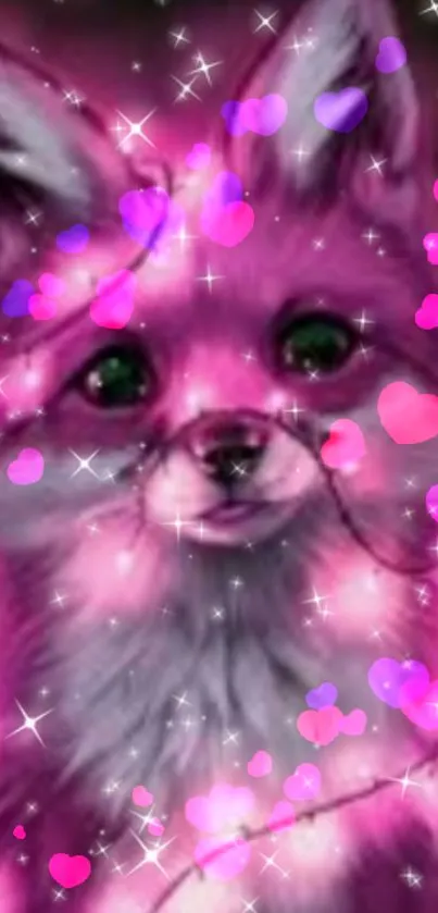 Pink fox with hearts and sparkles, dominant vibrant pink theme.