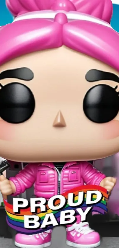 Pink Funko Pop with rainbow sign wallpaper.