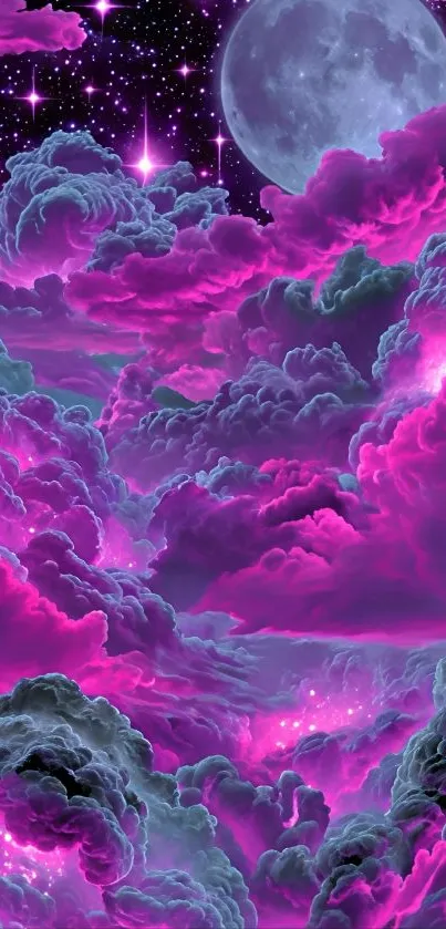 Vibrant pink clouds with a moonlit sky and stars.