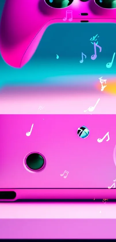 Vibrant gaming console with pink controller wallpaper.