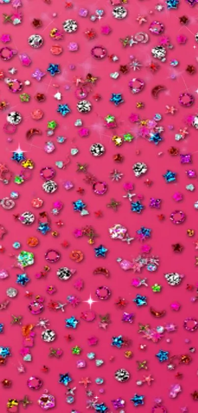 Vibrant pink wallpaper with colorful gemstones creating a sparkling pattern.