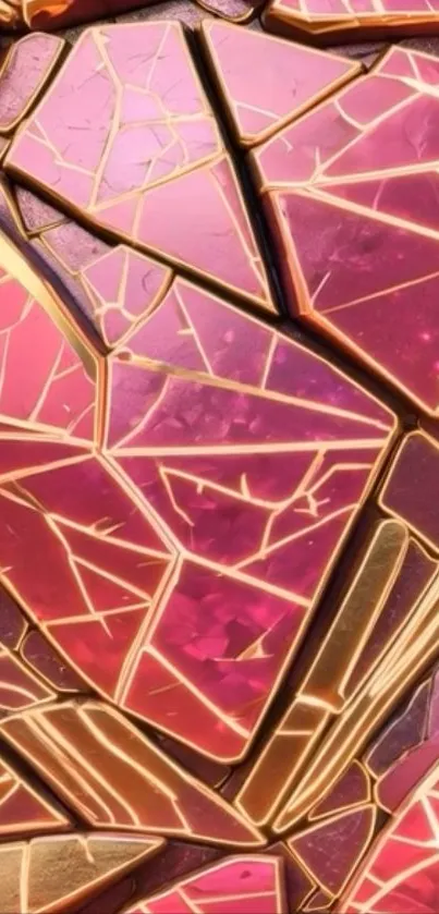 Vibrant pink geometric pattern with gold accents.