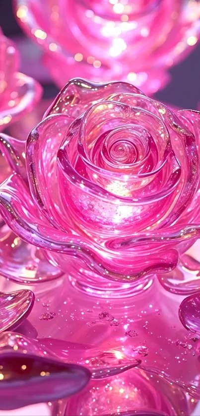 Vibrant pink glass rose decoration reflecting light.