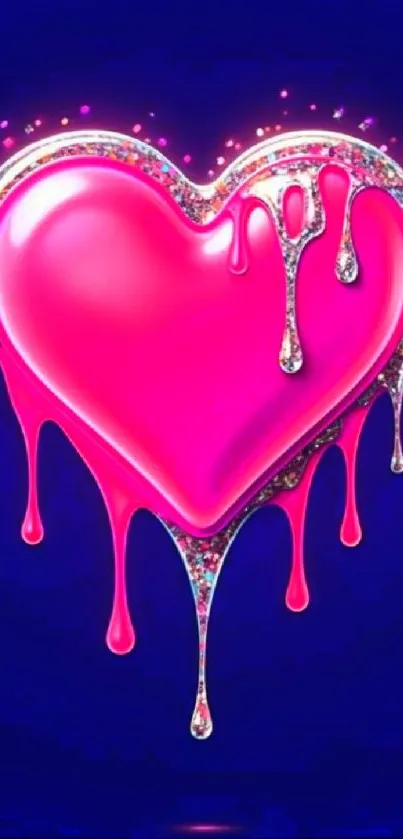 A vibrant pink heart with shimmering drips on a deep blue background.