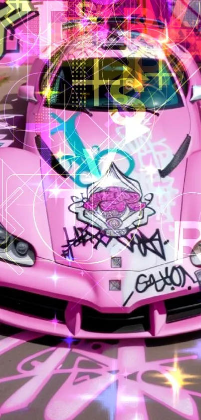 Pink sports car with graffiti art in an urban setting.