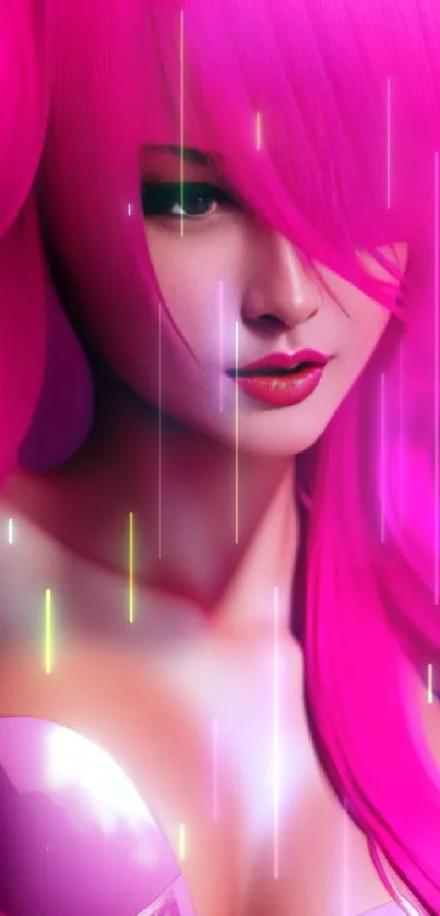 Stylish woman with vibrant pink hair in dramatic art wallpaper.