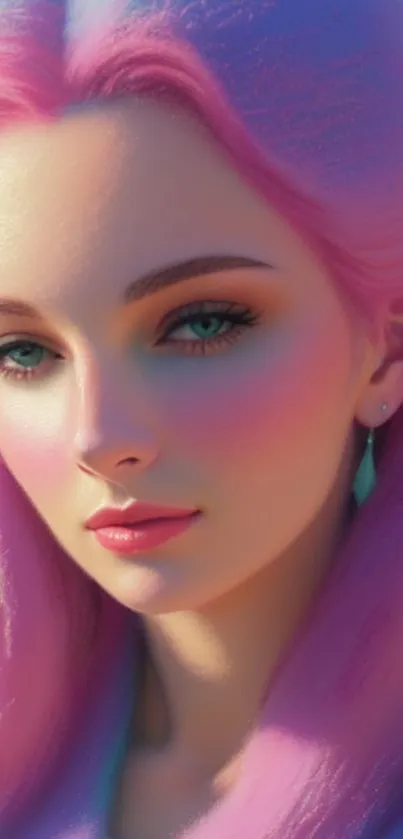 Vibrant portrait of a character with pink hair and blue eyes.