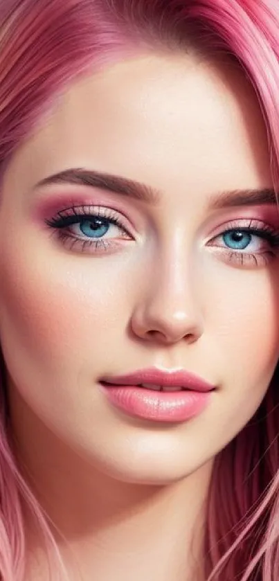 Portrait of a woman with pink hair and blue eyes