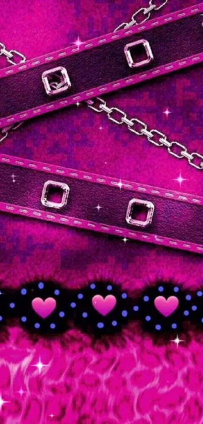 Vibrant pink wallpaper with chains and heart motifs.