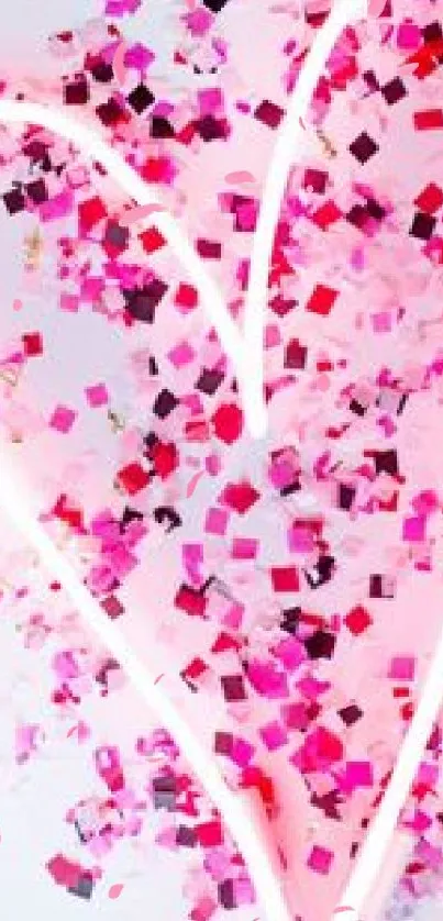 Neon heart illuminated with vibrant pink confetti background.