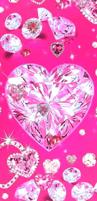 Vibrant pink background with diamond heart gems.