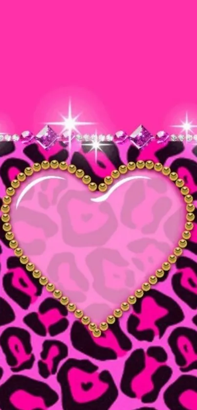 Vibrant pink heart wallpaper with leopard print and gemstones.