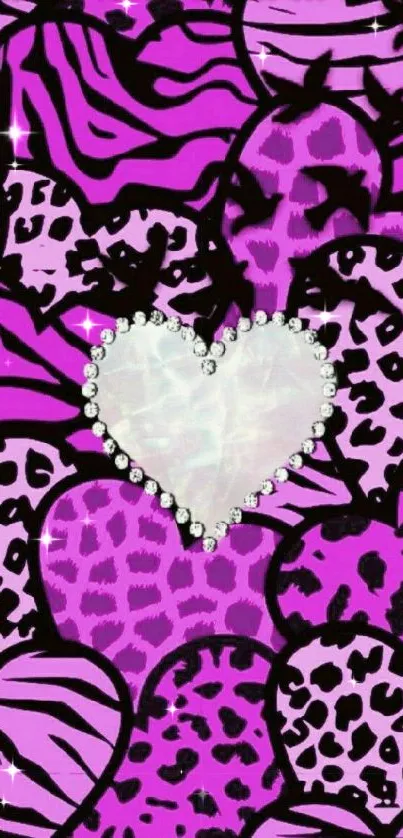 Pink wallpaper with heart and animal print design.