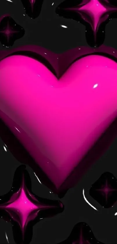 Vibrant pink heart with glossy black stars on wallpaper.