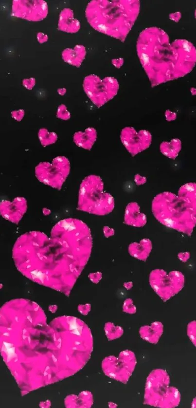 Vibrant pink gem hearts on black background wallpaper.