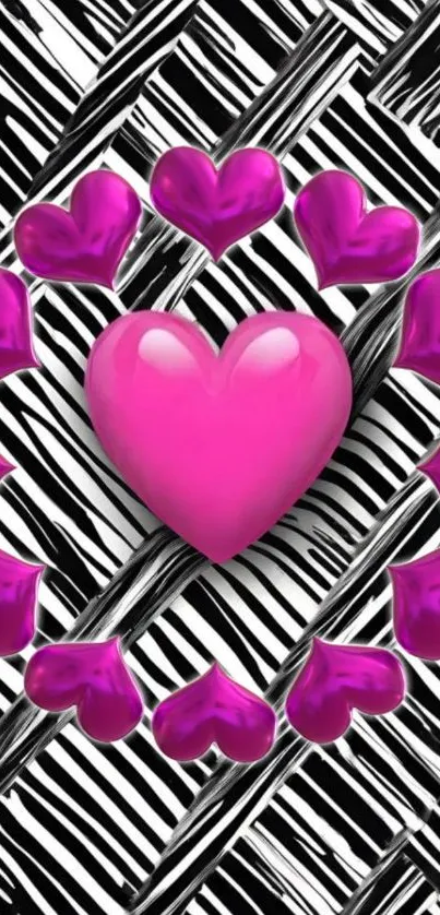Pink heart surrounded by smaller hearts on geometric background.