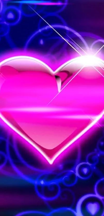 Vibrant pink heart with glow and blue swirls background.