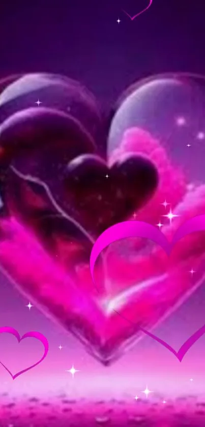 Romantic pink heart wallpaper with sparkles.