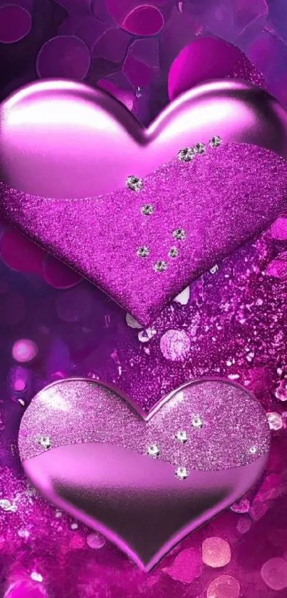 Two sparkling pink hearts wallpaper design.