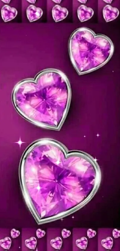 Vibrant pink gem hearts on purple wallpaper.