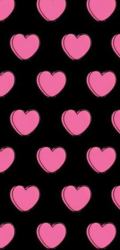 Black wallpaper with vibrant pink heart pattern.