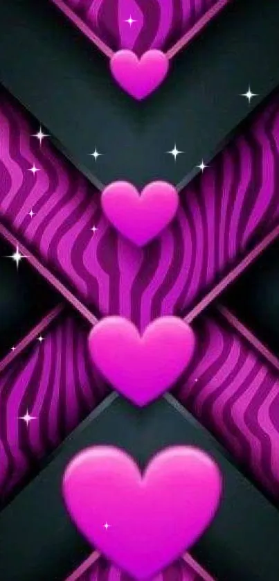 Vibrant pink hearts on geometric patterned wallpaper.