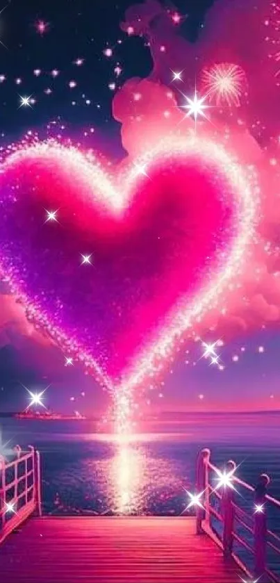 Vibrant pink heart with fireworks over water at night.