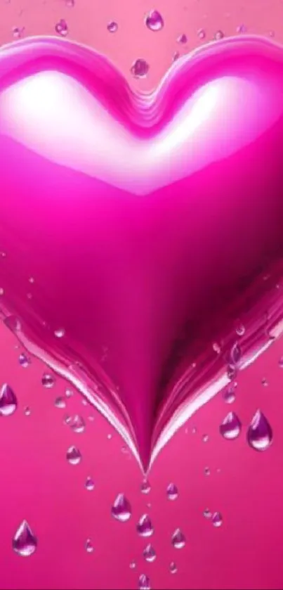 Glossy pink heart wallpaper with water droplets