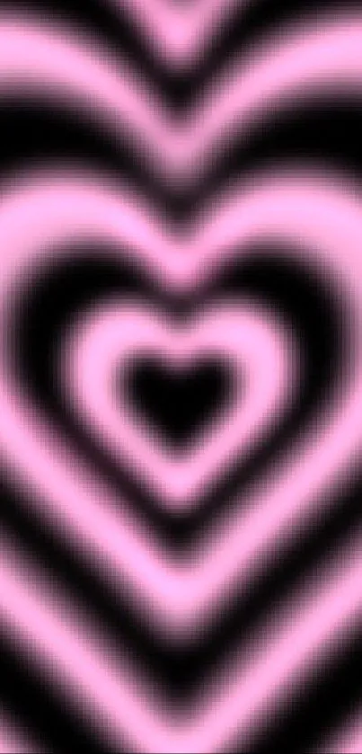 Vibrant pink heart wallpaper with glowing concentric hearts on black background.