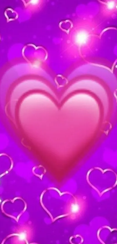 Vibrant pink heart wallpaper with purple background.