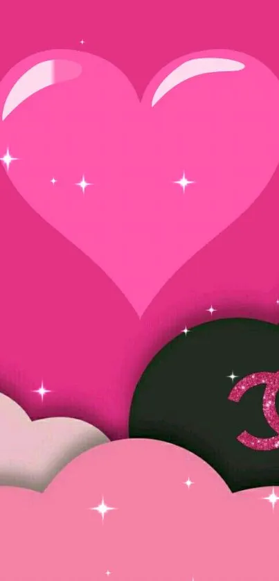 Vibrant pink heart with black clouds and sparkles.