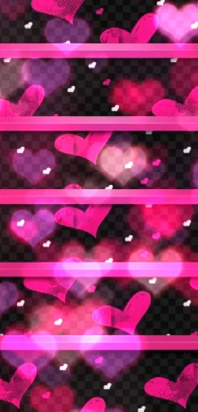 Mobile wallpaper with pink hearts on black background.