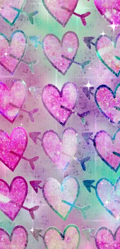 Vibrant pink hearts with arrows on whimsical wallpaper.