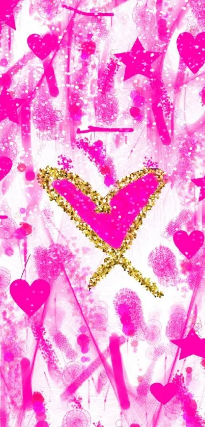 Vibrant pink heart wallpaper with stars and glitter accents.