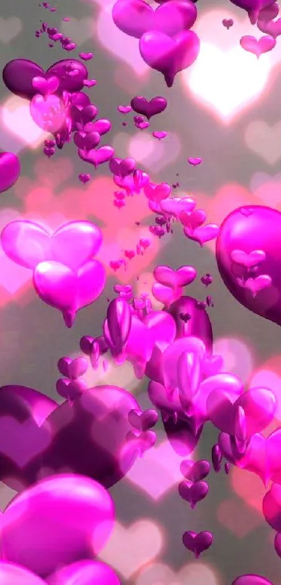 Vibrant pink balloon hearts float on a serene background.